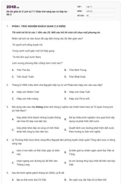 Đề thi giữa kì 2 Lịch sử 11 Chân trời sáng tạo có đáp án - Đề 3