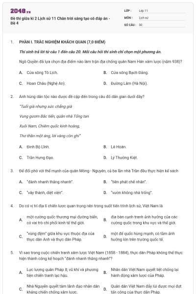 Đề thi giữa kì 2 Lịch sử 11 Chân trời sáng tạo có đáp án - Đề 4