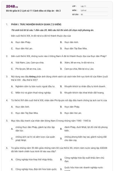 Đề thi giữa kì 2 Lịch sử 11 Cánh diều có đáp án - Đề 2