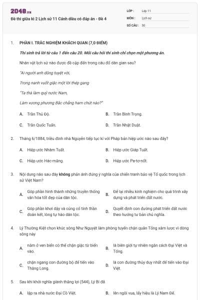 Đề thi giữa kì 2 Lịch sử 11 Cánh diều có đáp án - Đề 4