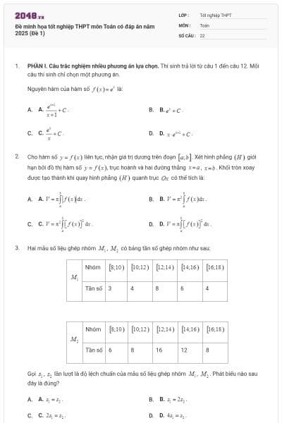 Đề minh họa tốt nghiệp THPT môn Toán có đáp án năm 2025 (Đề 1)