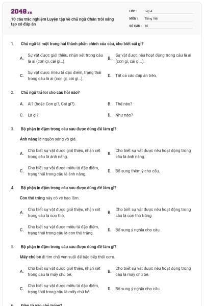 10 câu trắc nghiệm Luyện tập về chủ ngữ Chân trời sáng tạo có đáp án