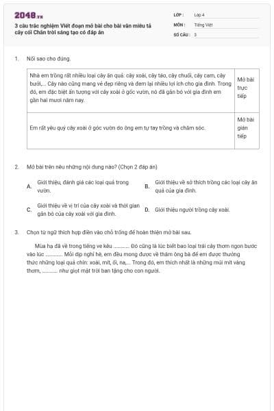 3 câu trắc nghiệm Viết đoạn mở bài cho bài văn miêu tả cây cối Chân trời sáng tạo có đáp án