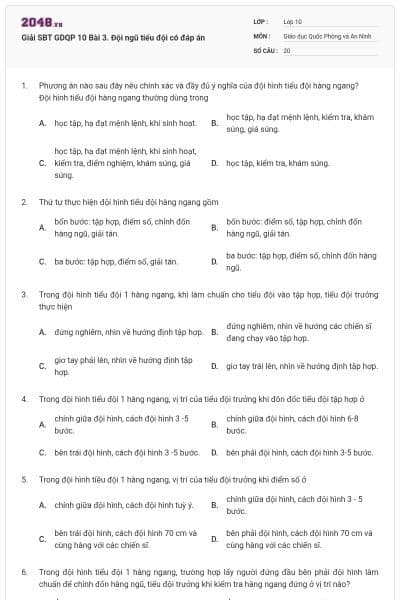 Giải SBT GDQP 10 Bài 3. Đội ngũ tiểu đội có đáp án