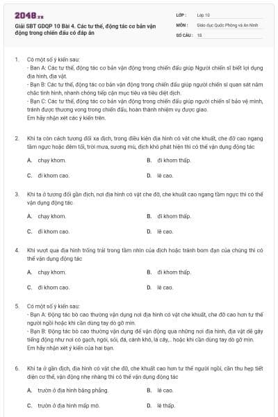Giải SBT GDQP 10 Bài 4. Các tư thế, động tác cơ bản vận động trong chiến đấu có đáp án