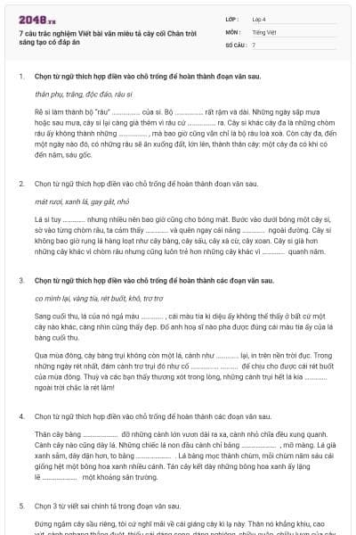 7 câu trắc nghiệm Viết bài văn miêu tả cây cối Chân trời sáng tạo có đáp án
