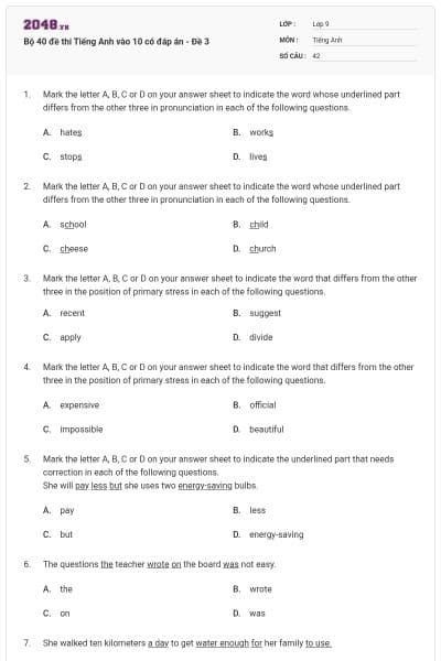 Bộ 40 đề thi Tiếng Anh vào 10 có đáp án - Đề 3