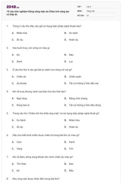 10 câu trắc nghiệm Dòng sông mặc áo Chân trời sáng tạo có đáp án