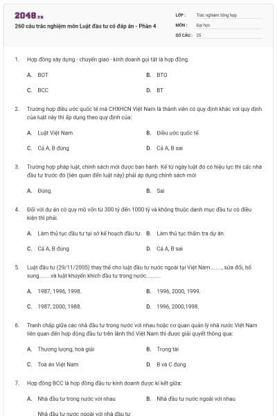 260 câu trắc nghiệm môn Luật đầu tư có đáp án - Phần 4