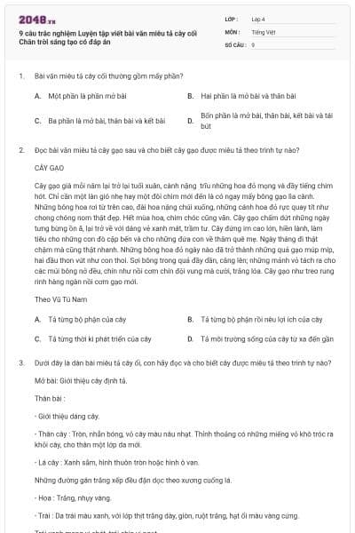9 câu trắc nghiệm Luyện tập viết bài văn miêu tả cây cối Chân trời sáng tạo có đáp án