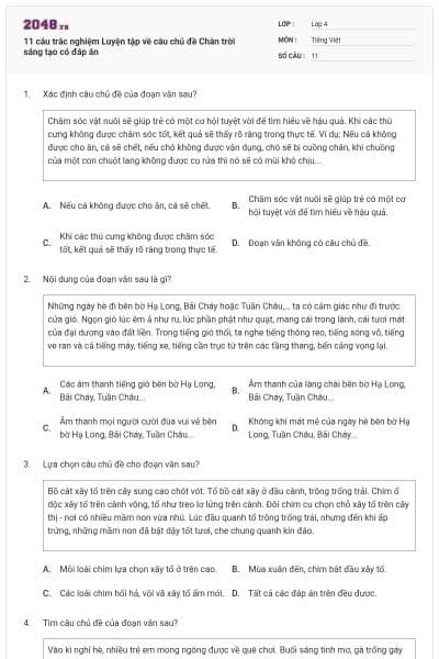 11 câu trắc nghiệm Luyện tập về câu chủ đề Chân trời sáng tạo có đáp án