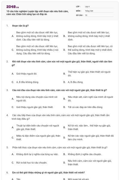 10 câu trắc nghiệm Luyện tập viết đoạn văn nêu tình cảm, cảm xúc Chân trời sáng tạo có đáp án