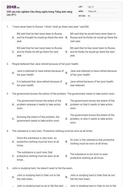 250 câu trắc nghiệm Câu đồng nghĩa trong Tiếng Anh nâng cao (P1)