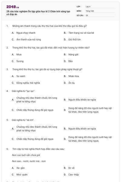 28 câu trắc nghiệm Ôn tập giữa học kì 2 Chân trời sáng tạo có đáp án