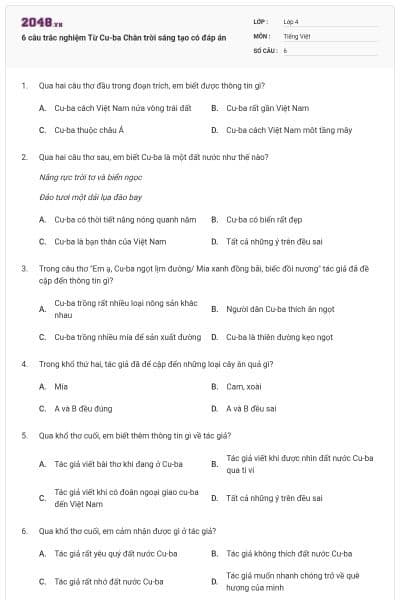 6 câu trắc nghiệm Từ Cu-ba Chân trời sáng tạo có đáp án