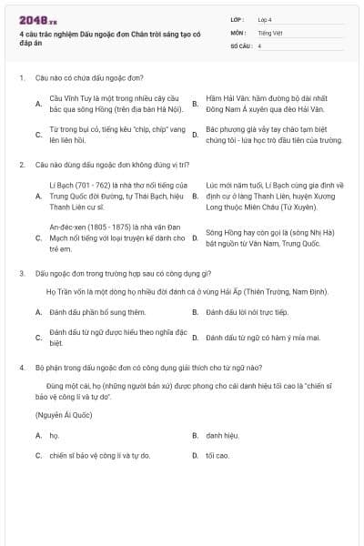 4 câu trắc nghiệm Dấu ngoặc đơn Chân trời sáng tạo có đáp án