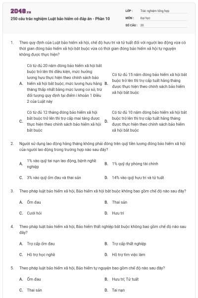 250 câu trắc nghiệm Luật bảo hiểm có đáp án - Phần 10