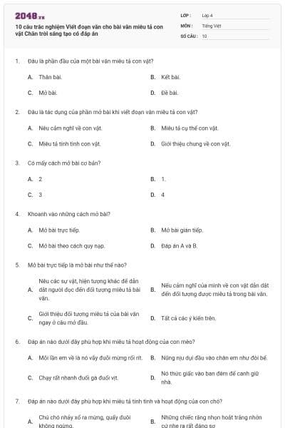 10 câu trắc nghiệm Viết đoạn văn cho bài văn miêu tả con vật Chân trời sáng tạo có đáp án