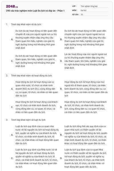290 câu trắc nghiệm môn Luật Du lịch có đáp án - Phần 1