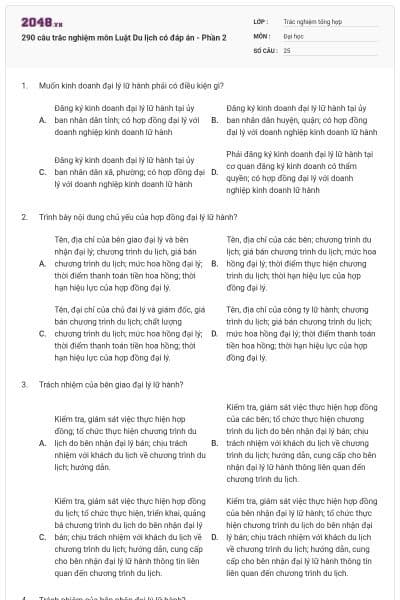 290 câu trắc nghiệm môn Luật Du lịch có đáp án - Phần 2