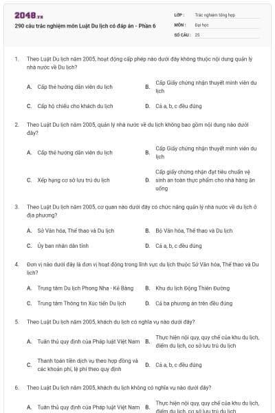 290 câu trắc nghiệm môn Luật Du lịch có đáp án - Phần 6