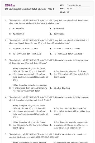 290 câu trắc nghiệm môn Luật Du lịch có đáp án - Phần 8