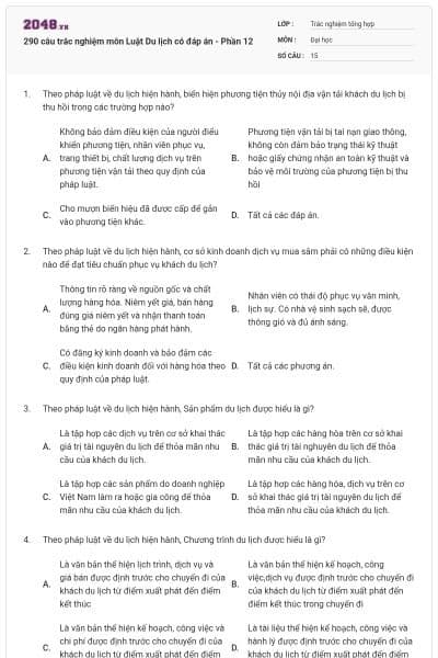 290 câu trắc nghiệm môn Luật Du lịch có đáp án - Phần 12
