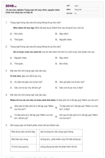 10 câu trắc nghiệm Trạng ngữ chỉ mục đích, nguyên nhân Chân trời sáng tạo có đáp án