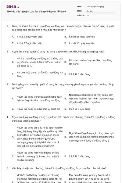 360 câu trắc nghiệm Luật lao động có đáp án - Phần 6
