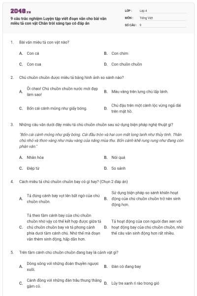 9 câu trắc nghiệm Luyện tập viết đoạn văn cho bài văn miêu tả con vật Chân trời sáng tạo có đáp án