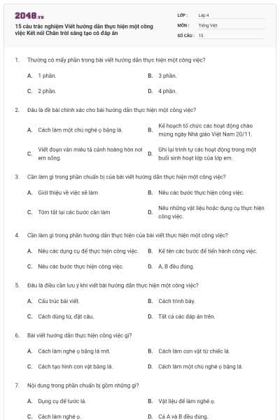 15 câu trắc nghiệm Viết hướng dẫn thực hiện một công việc Kết nối Chân trời sáng tạo có đáp án