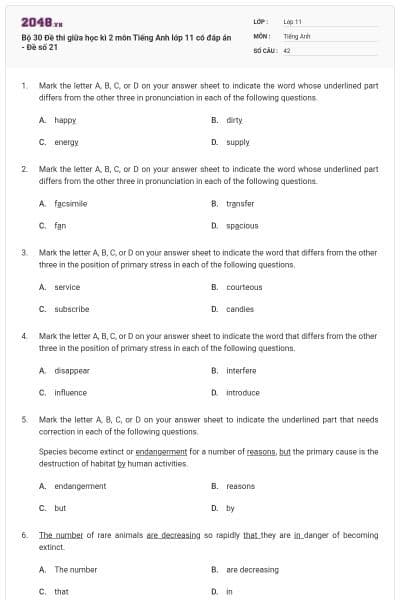 Bộ 30 Đề thi giữa học kì 2 môn Tiếng Anh lớp 11 có đáp án - Đề số 21