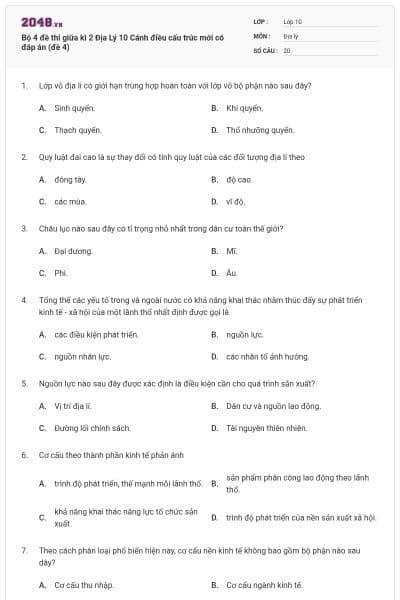 Bộ 4 đề thi giữa kì 2 Địa Lý 10 Cánh điều cấu trúc mới có đáp án (đề 4)