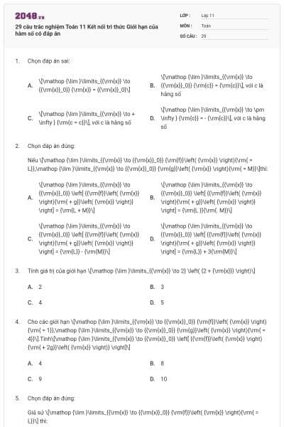 29 câu trắc nghiệm Toán 11 Kết nối tri thức Giới hạn của hàm số có đáp án