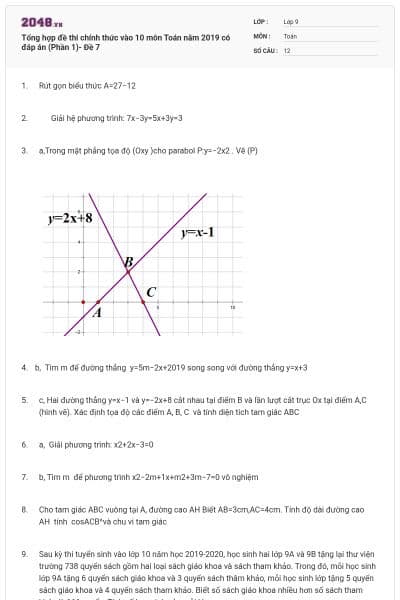 Tổng hợp đề thi chính thức vào 10 môn Toán năm 2019 có đáp án (Phần 1)- Đề 7