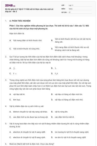 Đề thi giữa kì 2 Vật lí 11 Kết nối tri thức cấu trúc mới có đáp án - Đề 3