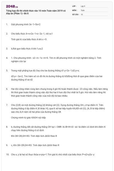 Tổng hợp đề thi chính thức vào 10 môn Toán năm 2019 có đáp án (Phần 1)- Đề 8