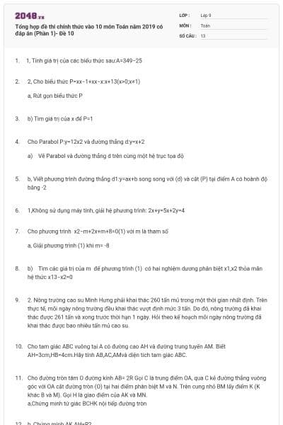 Tổng hợp đề thi chính thức vào 10 môn Toán năm 2019 có đáp án (Phần 1)- Đề 10