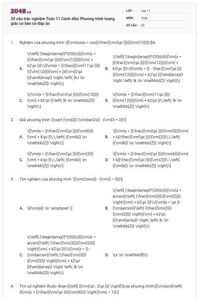 20 câu trắc nghiệm Toán 11 Cánh diều Phương trình lượng giác cơ bản có đáp án