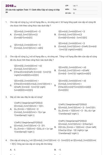 20 câu trắc nghiệm Toán 11 Cánh diều Cấp số cộng có đáp án