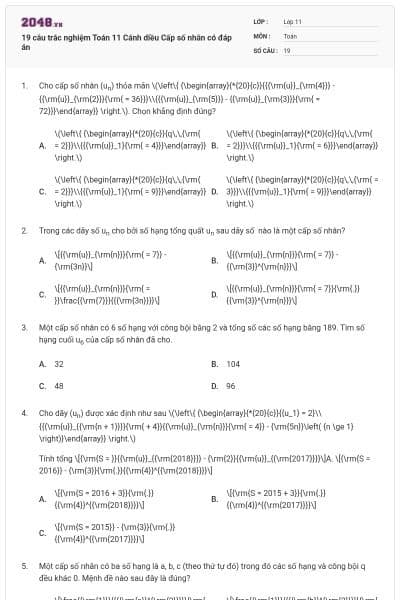 19 câu trắc nghiệm Toán 11 Cánh diều Cấp số nhân có đáp án