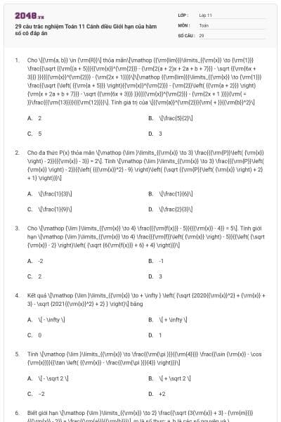 29 câu trắc nghiệm Toán 11 Cánh diều Giới hạn của hàm số có đáp án