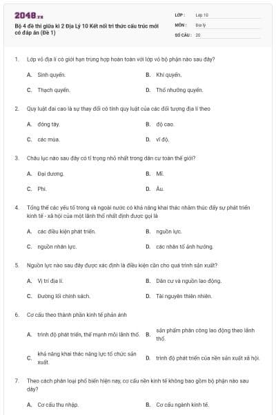 Bộ 4 đề thi giữa kì 2 Địa Lý 10 Kết nối tri thức cấu trúc mới có đáp án (Đề 1)