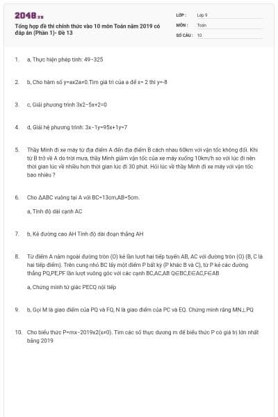Tổng hợp đề thi chính thức vào 10 môn Toán năm 2019 có đáp án (Phần 1)- Đề 13