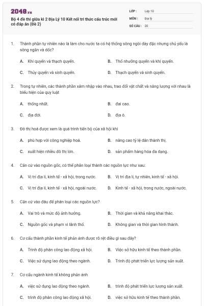 Bộ 4 đề thi giữa kì 2 Địa Lý 10 Kết nối tri thức cấu trúc mới có đáp án (Đề 2)