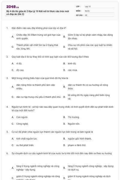 Bộ 4 đề thi giữa kì 2 Địa Lý 10 Kết nối tri thức cấu trúc mới có đáp án (Đề 3)