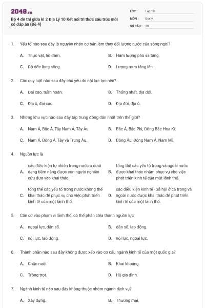 Bộ 4 đề thi giữa kì 2 Địa Lý 10 Kết nối tri thức cấu trúc mới có đáp án (Đề 4)