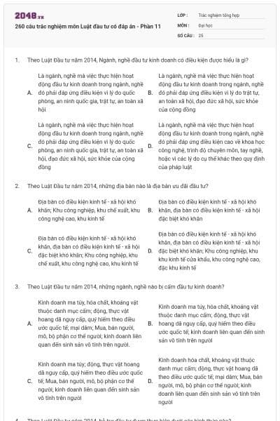 260 câu trắc nghiệm môn Luật đầu tư có đáp án - Phần 11
