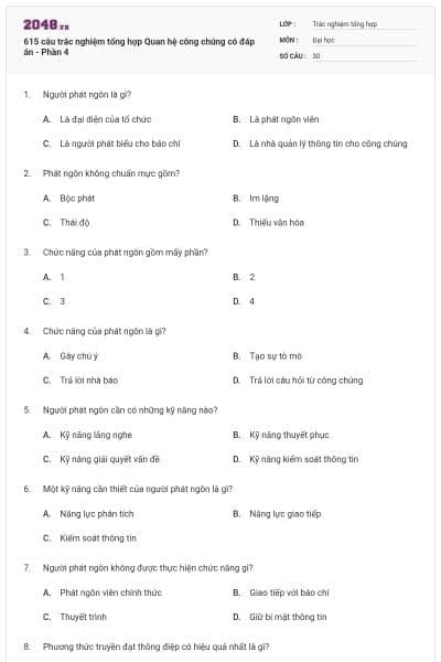 615 câu trắc nghiệm tổng hợp Quan hệ công chúng có đáp án - Phần 4