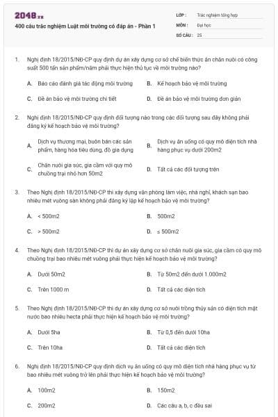 400 câu trắc nghiệm Luật môi trường có đáp án - Phần 1
